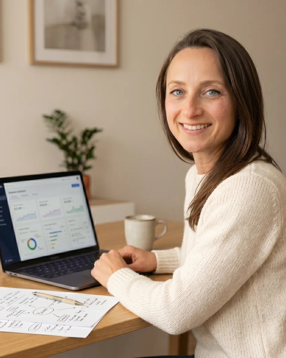 Kathie Kozlak working across a laptop and tablet at her desk