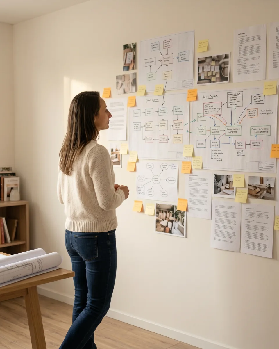 Kathie Kozlak mapping priorities on a whiteboard covered in sticky notes