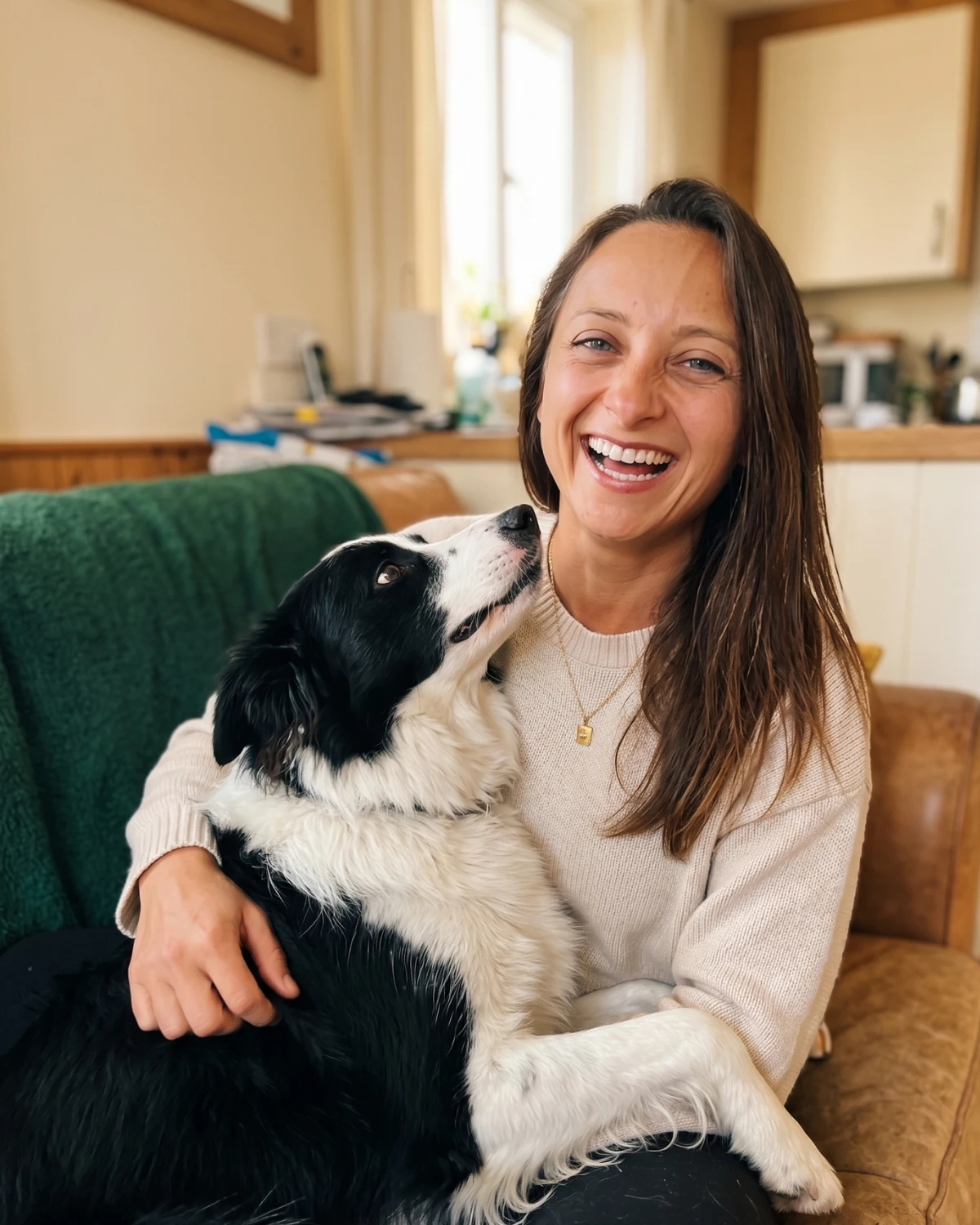 Kathie Kozlak laughing at home, founder of K2 Effect, True Leverage and The Skill Den.