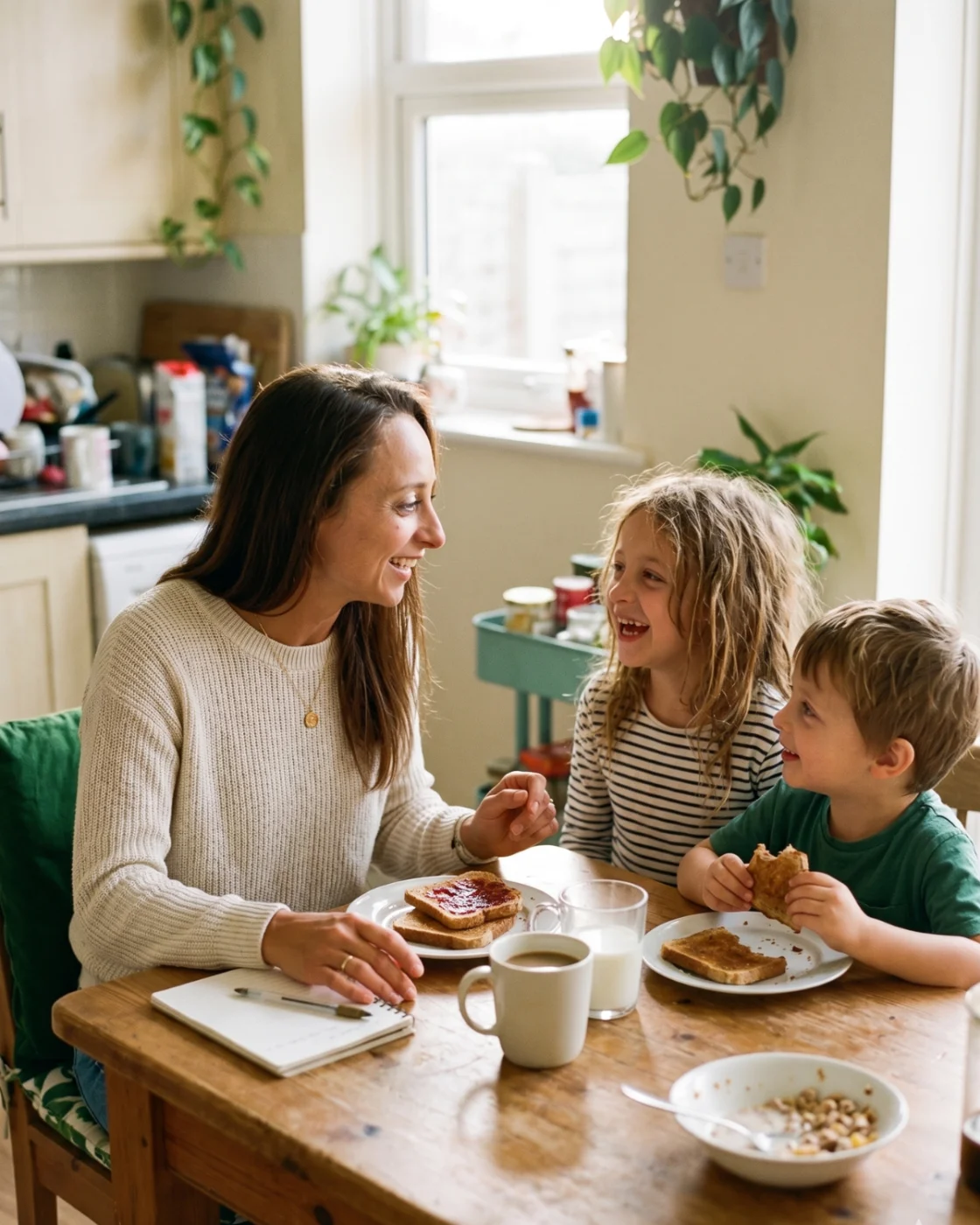 A parent and two children playing together at the breakfast table